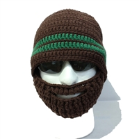 Crocheted Brown Beard Hat with Two Green Stripes